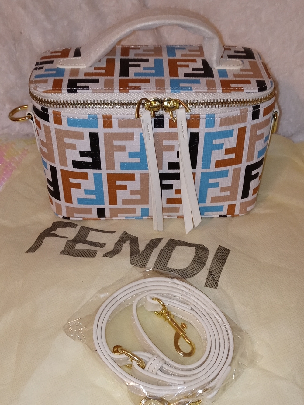 Fendi Multicolor FF Vanity Hand Bag with Cream Trim
